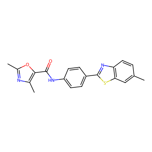2,4-dimethyl-N-[4-(6-methyl-1,3-benzothiazol-2-yl)phenyl]-1,3-oxazole-5-carboxamide structure