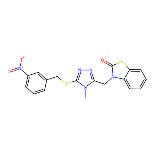 3-((4-methyl-5-((3-nitrobenzyl)thio)-4H-1,2,4-triazol-3-yl)methyl)benzo[d]thiazol-2(3H)-one structure