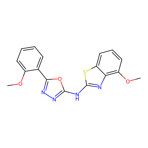 4-methoxy-N-[5-(2-methoxyphenyl)-1,3,4-oxadiazol-2-yl]-1,3-benzothiazol-2-amine structure