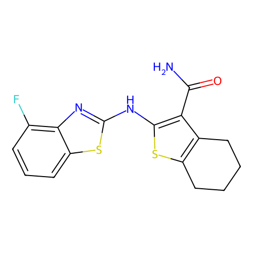 2-[(4-fluoro-1,3-benzothiazol-2-yl)amino]-4,5,6,7-tetrahydro-1-benzothiophene-3-carboxamide structure