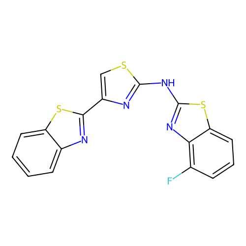 N-[4-(1,3-benzothiazol-2-yl)-1,3-thiazol-2-yl]-4-fluoro-1,3-benzothiazol-2-amine structure