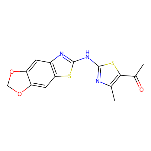 1-[2-([1,3]dioxolo[4,5-f][1,3]benzothiazol-6-ylamino)-4-methyl-1,3-thiazol-5-yl]ethanone structure