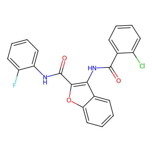 3-(2-chlorobenzamido)-N-(2-fluorophenyl)-1-benzofuran-2-carboxamide structure