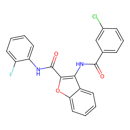 3-(3-chlorobenzamido)-N-(2-fluorophenyl)benzofuran-2-carboxamide structure