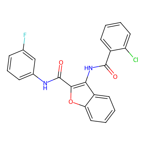 3-(2-chlorobenzamido)-N-(3-fluorophenyl)benzofuran-2-carboxamide structure