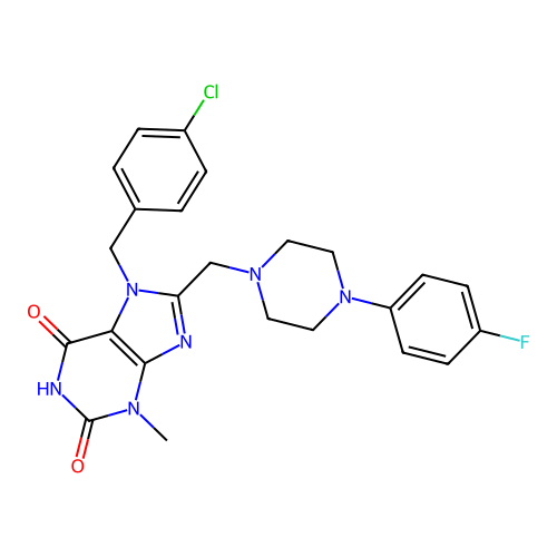 7-[(4-chlorophenyl)methyl]-8-{[4-(4-fluorophenyl)piperazin-1-yl]methyl}-3-methyl-2,3,6,7-tetrahydro-1H-purine-2,6-dione structure