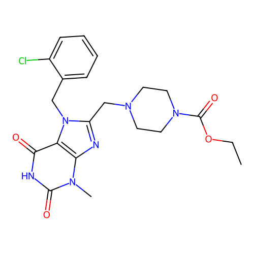 ethyl 4-[[7-[(2-chlorophenyl)methyl]-3-methyl-2,6-dioxopurin-8-yl]methyl]piperazine-1-carboxylate structure