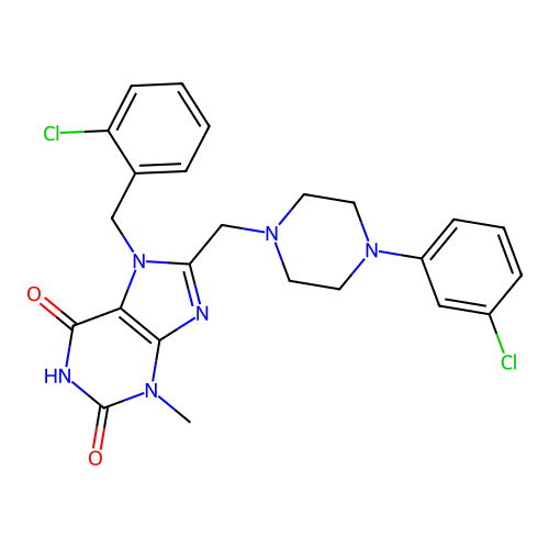 7-(2-chlorobenzyl)-8-{[4-(3-chlorophenyl)piperazin-1-yl]methyl}-6-hydroxy-3-methyl-3,7-dihydro-2H-purin-2-one structure