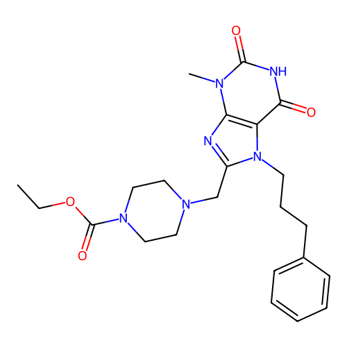 ethyl 4-{[3-methyl-2,6-dioxo-7-(3-phenylpropyl)-2,3,6,7-tetrahydro-1H-purin-8-yl]methyl}piperazine-1-carboxylate structure