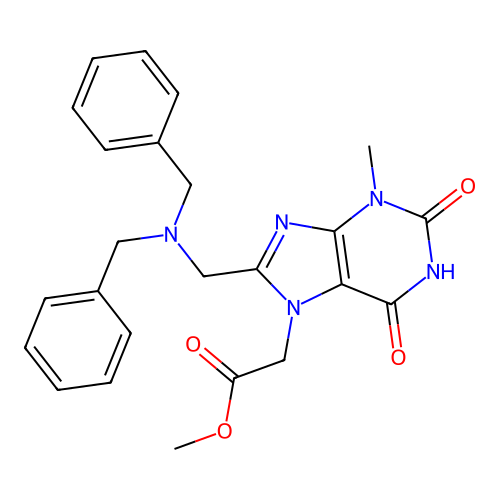 methyl 2-[8-[(dibenzylamino)methyl]-3-methyl-2,6-dioxopurin-7-yl]acetate structure
