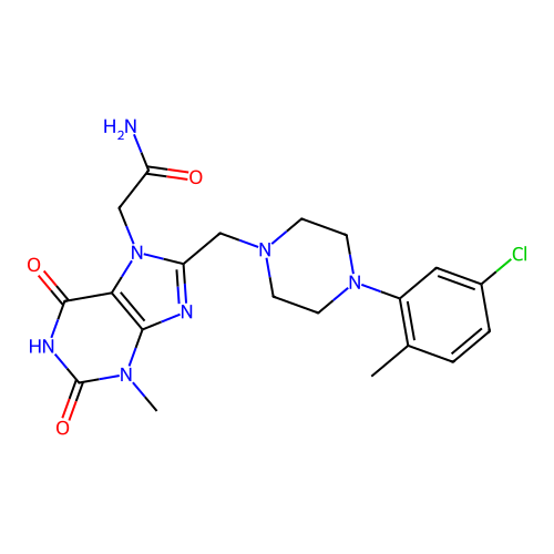 2-(8-{[4-(5-chloro-2-methylphenyl)piperazin-1-yl]methyl}-3-methyl-2,6-dioxo-2,3,6,7-tetrahydro-1H-purin-7-yl)acetamide structure