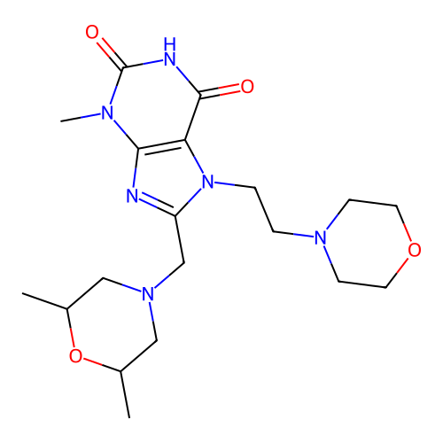 8-[(2,6-dimethylmorpholin-4-yl)methyl]-3-methyl-7-(2-morpholin-4-ylethyl)-3,7-dihydro-1H-purine-2,6-dione structure