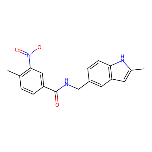 4-methyl-N-[(2-methyl-1H-indol-5-yl)methyl]-3-nitrobenzamide structure