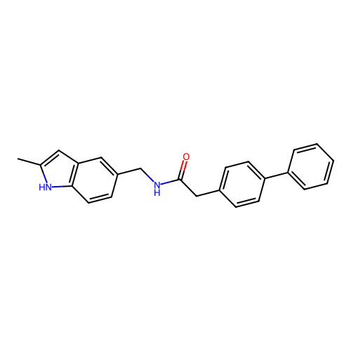 2-([1,1'-biphenyl]-4-yl)-N-((2-methyl-1H-indol-5-yl)methyl)acetamide structure