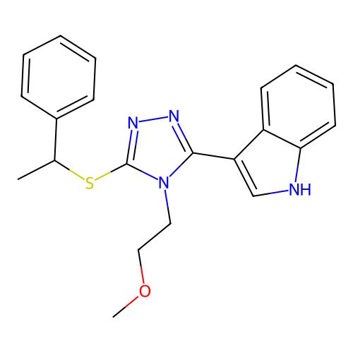 3-(4-(2-methoxyethyl)-5-((1-phenylethyl)thio)-4H-1,2,4-triazol-3-yl)-1H-indole structure