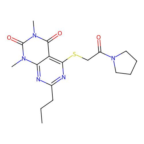 1,3-dimethyl-5-((2-oxo-2-(pyrrolidin-1-yl)ethyl)thio)-7-propylpyrimido[4,5-d]pyrimidine-2,4(1H,3H)-dione structure