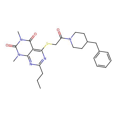5-[2-(4-benzylpiperidin-1-yl)-2-oxoethyl]sulfanyl-1,3-dimethyl-7-propylpyrimido[4,5-d]pyrimidine-2,4-dione structure