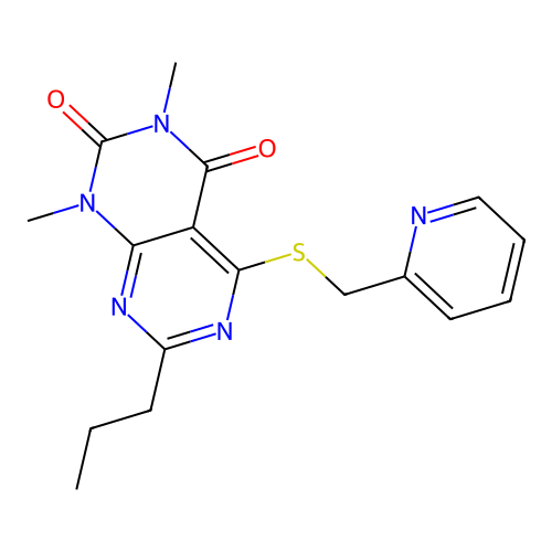 1,3-dimethyl-7-propyl-5-(pyridin-2-ylmethylsulfanyl)pyrimido[4,5-d]pyrimidine-2,4-dione structure