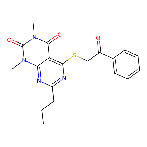 1,3-Dimethyl-5-phenacylsulfanyl-7-propylpyrimido[4,5-d]pyrimidine-2,4-dione structure