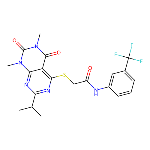 2-((2-isopropyl-6,8-dimethyl-5,7-dioxo-5,6,7,8-tetrahydropyrimido[4,5-d]pyrimidin-4-yl)thio)-N-(3-(trifluoromethyl)phenyl)acetamide structure