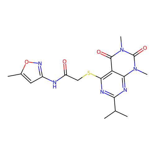 2-(1,3-dimethyl-2,4-dioxo-7-propan-2-ylpyrimido[4,5-d]pyrimidin-5-yl)sulfanyl-N-(5-methyl-1,2-oxazol-3-yl)acetamide structure
