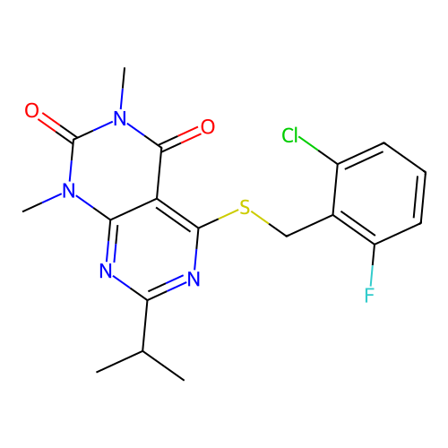 5-[(2-chloro-6-fluorophenyl)methylsulfanyl]-1,3-dimethyl-7-propan-2-ylpyrimido[4,5-d]pyrimidine-2,4-dione structure