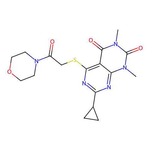 7-cyclopropyl-1,3-dimethyl-5-((2-morpholino-2-oxoethyl)thio)pyrimido[4,5-d]pyrimidine-2,4(1H,3H)-dione structure