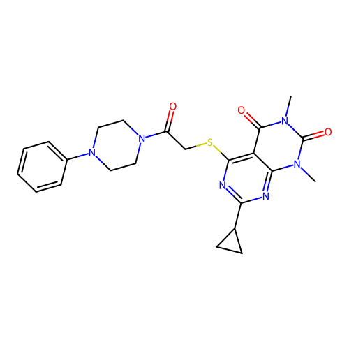 7-cyclopropyl-1,3-dimethyl-5-((2-oxo-2-(4-phenylpiperazin-1-yl)ethyl)thio)pyrimido[4,5-d]pyrimidine-2,4(1H,3H)-dione structure
