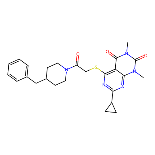5-((2-(4-benzylpiperidin-1-yl)-2-oxoethyl)thio)-7-cyclopropyl-1,3-dimethylpyrimido[4,5-d]pyrimidine-2,4(1H,3H)-dione structure