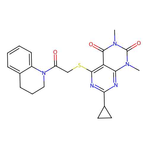 7-cyclopropyl-5-[2-(3,4-dihydro-2H-quinolin-1-yl)-2-oxoethyl]sulfanyl-1,3-dimethylpyrimido[4,5-d]pyrimidine-2,4-dione structure