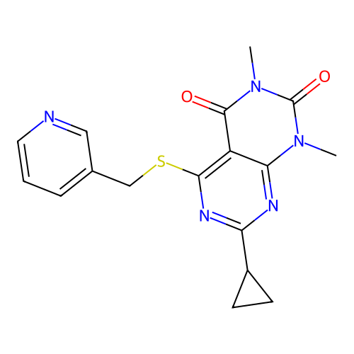 7-cyclopropyl-1,3-dimethyl-5-(pyridin-3-ylmethylsulfanyl)pyrimido[4,5-d]pyrimidine-2,4-dione structure