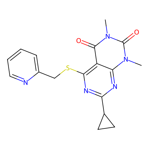 7-cyclopropyl-1,3-dimethyl-5-(pyridin-2-ylmethylsulfanyl)pyrimido[4,5-d]pyrimidine-2,4-dione structure