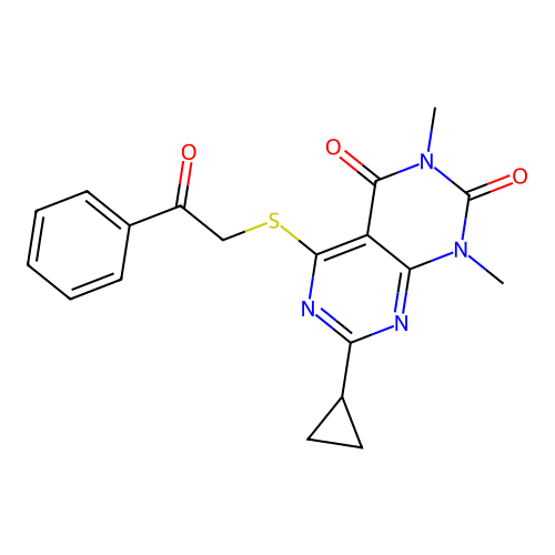 7-Cyclopropyl-1,3-dimethyl-5-phenacylsulfanylpyrimido[4,5-d]pyrimidine-2,4-dione structure
