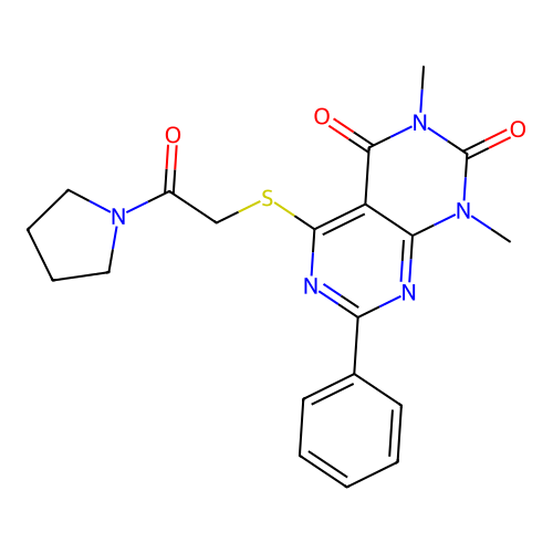 1,3-dimethyl-5-((2-oxo-2-(pyrrolidin-1-yl)ethyl)thio)-7-phenylpyrimido[4,5-d]pyrimidine-2,4(1H,3H)-dione structure
