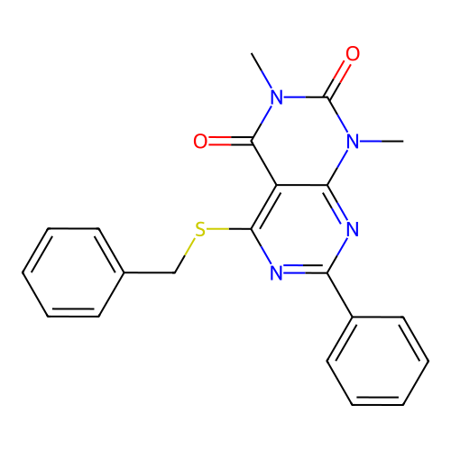 5-(benzylthio)-1,3-dimethyl-7-phenylpyrimido[4,5-d]pyrimidine-2,4(1H,3H)-dione structure