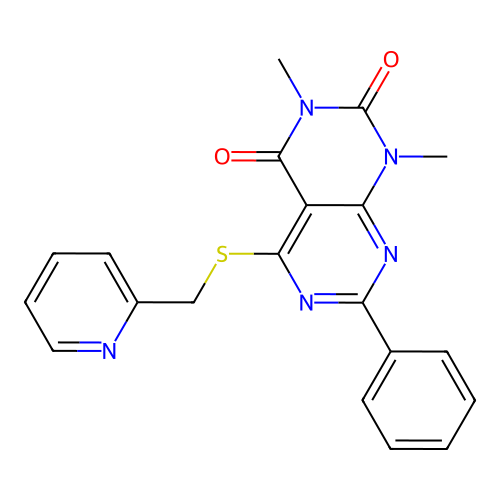 1,3-dimethyl-7-phenyl-5-((pyridin-2-ylmethyl)thio)pyrimido[4,5-d]pyrimidine-2,4(1H,3H)-dione structure