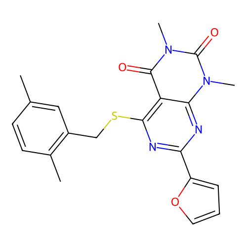 5-((2,5-dimethylbenzyl)thio)-7-(furan-2-yl)-1,3-dimethylpyrimido[4,5-d]pyrimidine-2,4(1H,3H)-dione structure