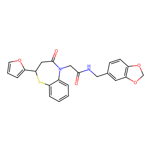 N-(1,3-benzodioxol-5-ylmethyl)-2-[2-(2-furyl)-4-oxo-3,4-dihydro-1,5-benzothiazepin-5(2H)-yl]acetamide structure