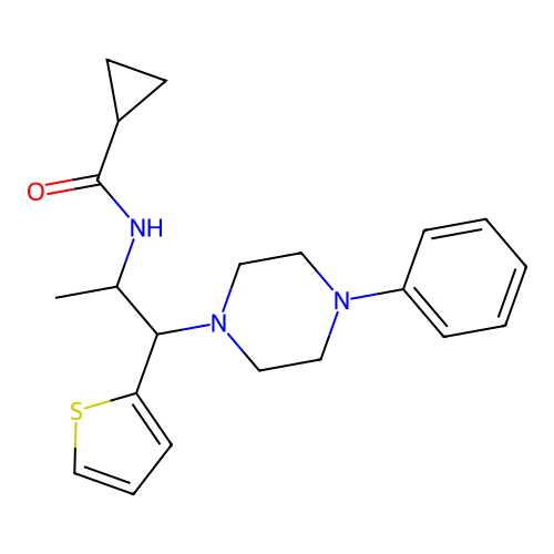 N-(1-(4-phenylpiperazin-1-yl)-1-(thiophen-2-yl)propan-2-yl)cyclopropanecarboxamide structure