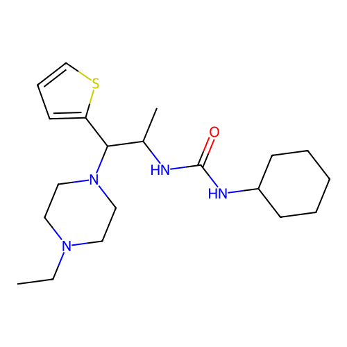 1-Cyclohexyl-3-(1-(4-ethylpiperazin-1-yl)-1-(thiophen-2-yl)propan-2-yl)urea structure