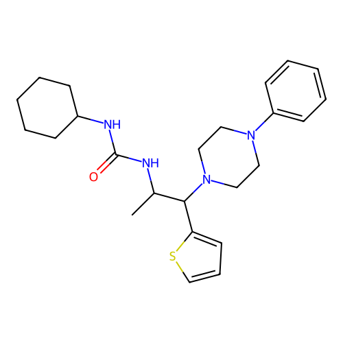 1-Cyclohexyl-3-(1-(4-phenylpiperazin-1-yl)-1-(thiophen-2-yl)propan-2-yl)urea structure