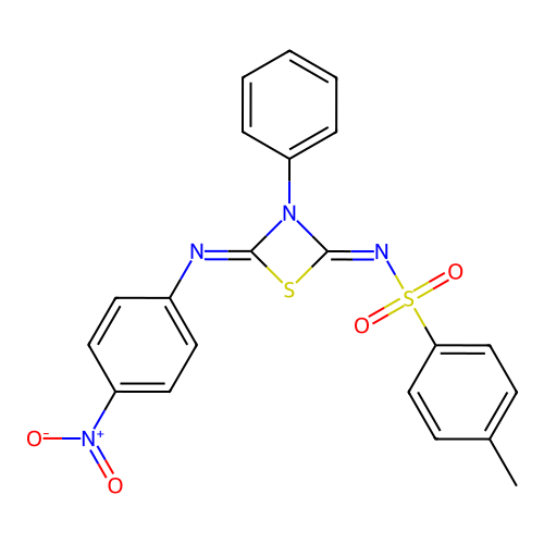 2-(p-nitrophenylimino)-3-phenyl-4-tosylimino-1,3-thiazetidine structure