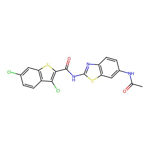 N-(6-acetamidobenzothiazol-2-yl)-3,6-dichloro-benzothiophene-2-carboxamide structure