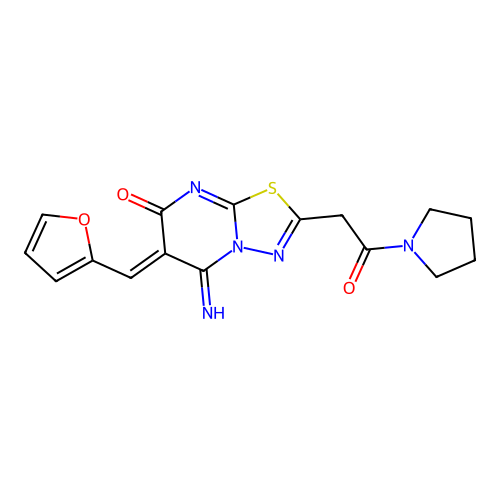 (6Z)-6-(furan-2-ylmethylidene)-5-imino-2-(2-oxo-2-pyrrolidin-1-ylethyl)-[1,3,4]thiadiazolo[3,2-a]pyrimidin-7-one structure