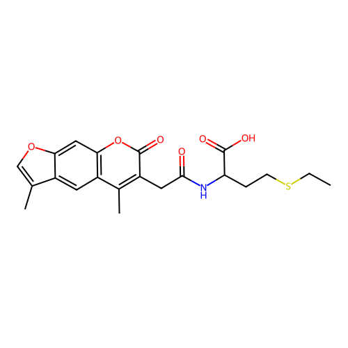 2-(2-(3,5-dimethyl-7-oxo-7H-furo[3,2-g]chromen-6-yl)acetamido)-4-(ethylthio)butanoic acid structure