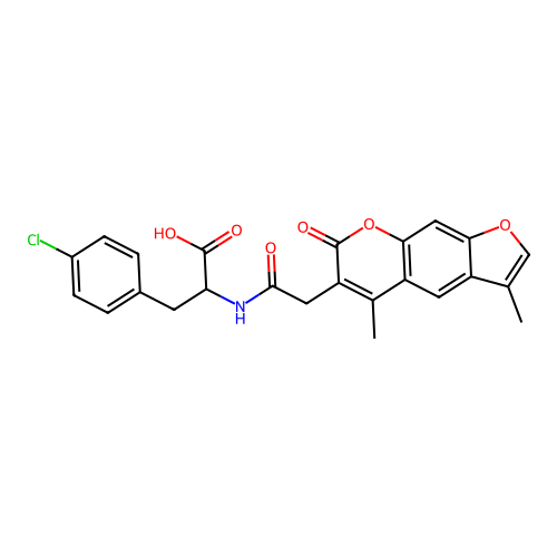 3-(4-chlorophenyl)-2-(2-(3,5-dimethyl-7-oxo-7H-furo[3,2-g]chromen-6-yl)acetamido)propanoic acid structure