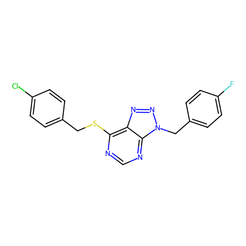 7-((4-chlorobenzyl)thio)-3-(4-fluorobenzyl)-3H-[1,2,3]triazolo[4,5-d]pyrimidine structure