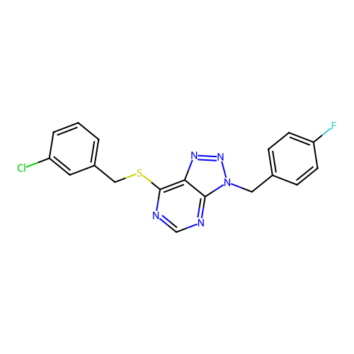7-((3-chlorobenzyl)thio)-3-(4-fluorobenzyl)-3H-[1,2,3]triazolo[4,5-d]pyrimidine structure