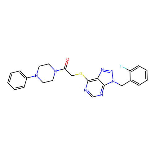 2-[3-[(2-fluorophenyl)methyl]triazolo[4,5-d]pyrimidin-7-yl]sulfanyl-1-(4-phenylpiperazin-1-yl)ethanone structure
