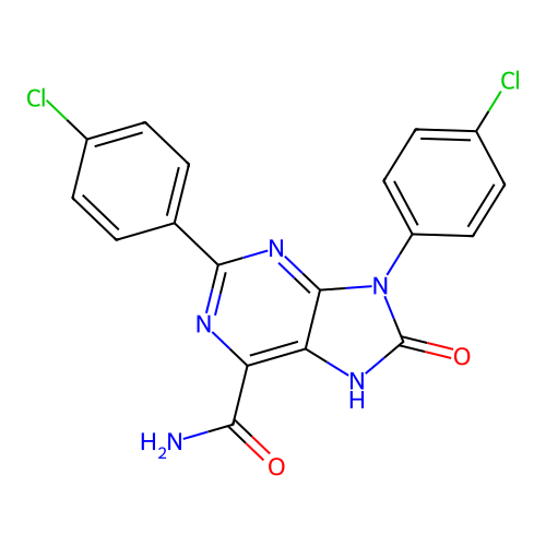 2,9-bis(4-chlorophenyl)-8-oxo-8,9-dihydro-7H-purine-6-carboxamide structure